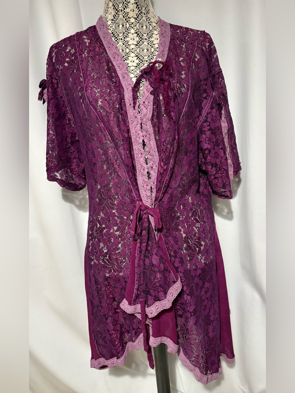 Lace Upcycled Deep Plum Boho Duster Handmade Layering Top Tie Front Or Back